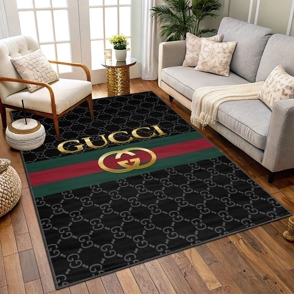 Black Gucci Area Rug, Famous Brand Themed Carpet, Living Room Mat Decor - Image 2 of 4