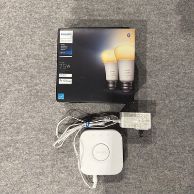 Two Philips Hue White A19 Smart Light Bulbs w/ Hue Bridge