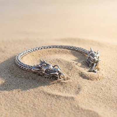 Sterling Silber Doppel Drachenkopf Naga Kette Armband mit Gold Akzenten