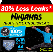 Ninjamas Boys Bedwetting Nighttime Underwear, Size S/M 38-70 Lbs , 44 Count, Ov