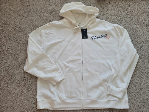 OFF WHITE Felpa con cappuccio e zip intera Hurley nuova con etichette taglia 3XL 3X bianco sporco logo hit posteriore