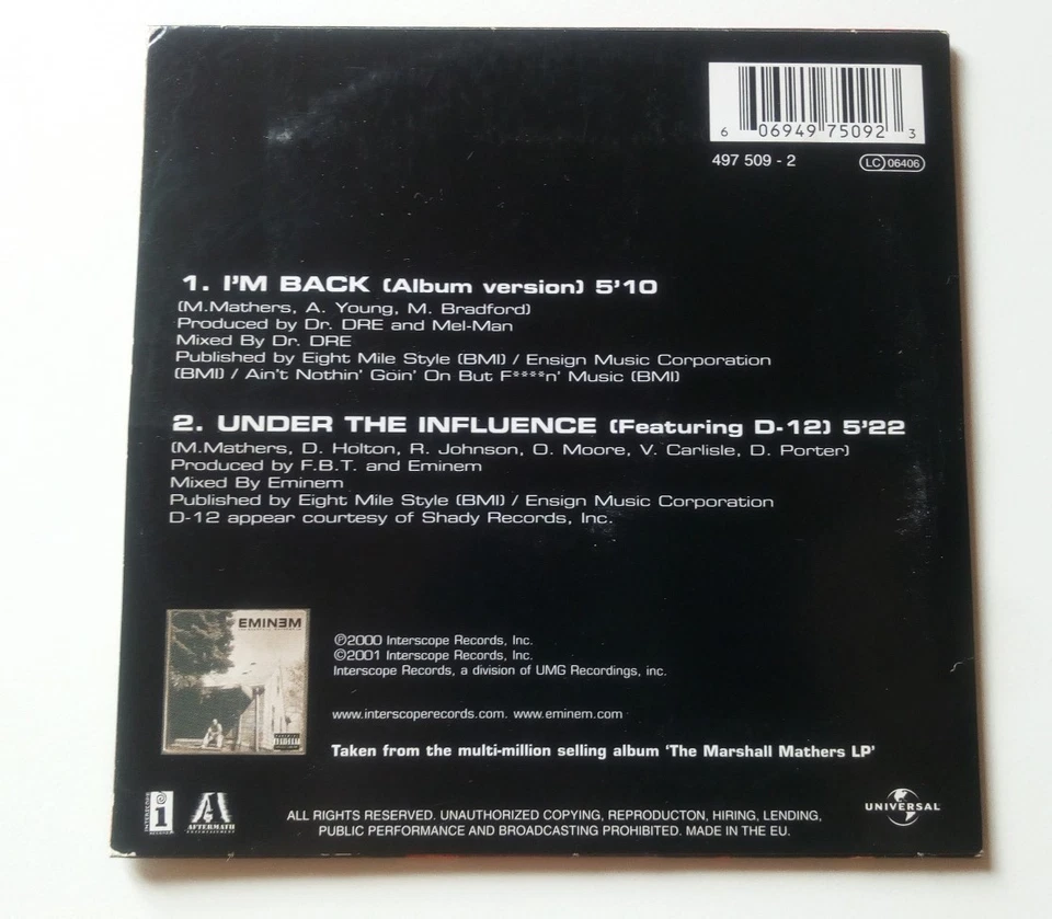 Eminem - I'm Back - CD Single - 2001 - Hip Hop 2TR cardsleeve - Photo 2/2