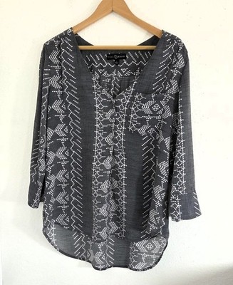 Fred David Women's Gray Tunic Deep V-Neck 3/4 Sleeves Pocket Top Size L