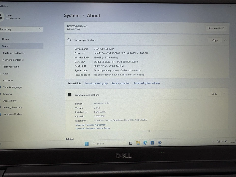 Dell Latitude 3500 Laptop i5-8265U @1.60GHz 12GB RAM 1TB SSD Windows 11 Pro READ - Image 3 of 4