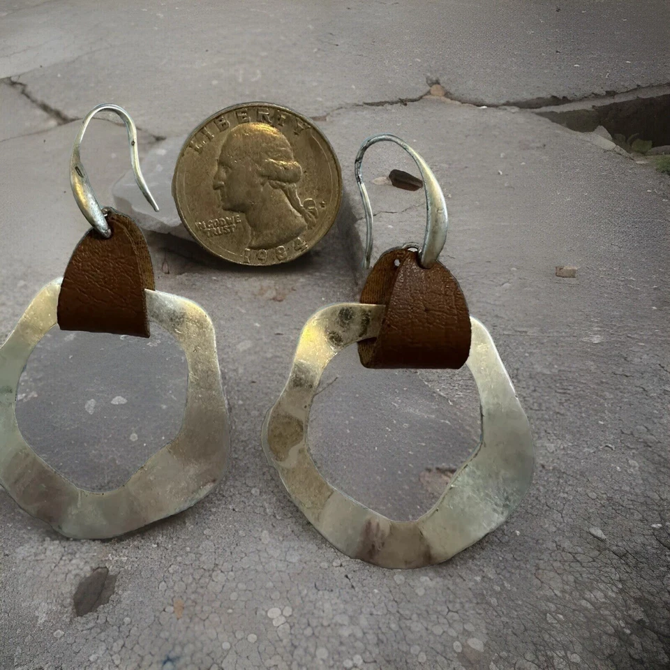 "Pendientes circulares de plata batida cuero PU galvanizado 925 gota/colgantes 2,5""" Foto 3 de 4