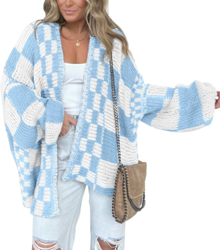 Casual Womens Open Front Long Sleeve Chunky Knit Cardigan Sweater Checkered Knit