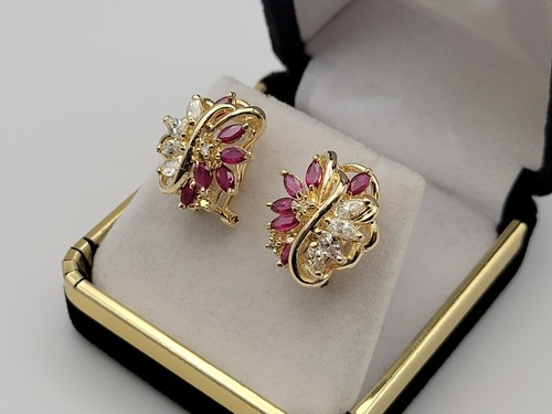 14k Marquise Rubies & Marquise Diamonds 0.86ctw Ladies Omega Clip Earringa - Picture 6 of 9