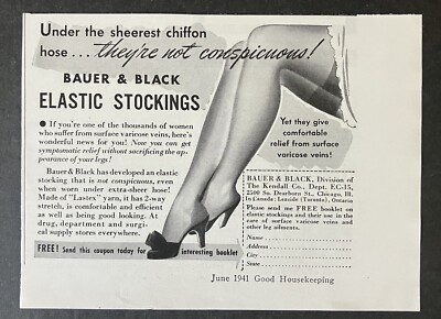 1941 Bauer & Black Elastic Stockings Sheerest Chiffon Hose B&W Vintage Print Ad