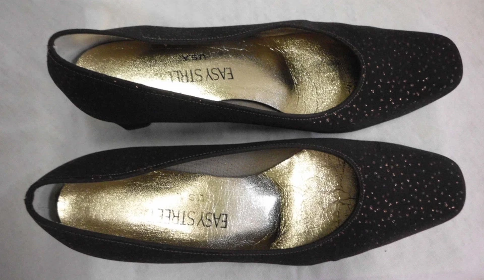 复古 Easy Street 经典高跟鞋 9 M 2.25 英寸高跟鞋棕色带闪亮面料 — 第 2/4 张图片