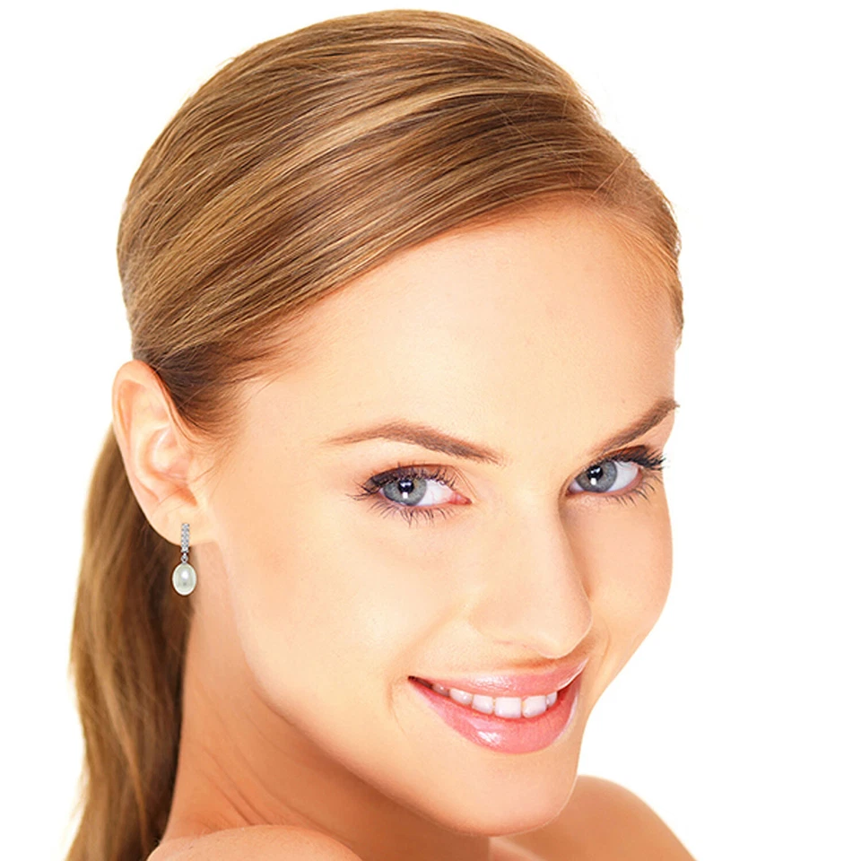 Aretes colgantes de oro blanco macizo de 14K diamante natural y perla briolette Foto 2 de 4