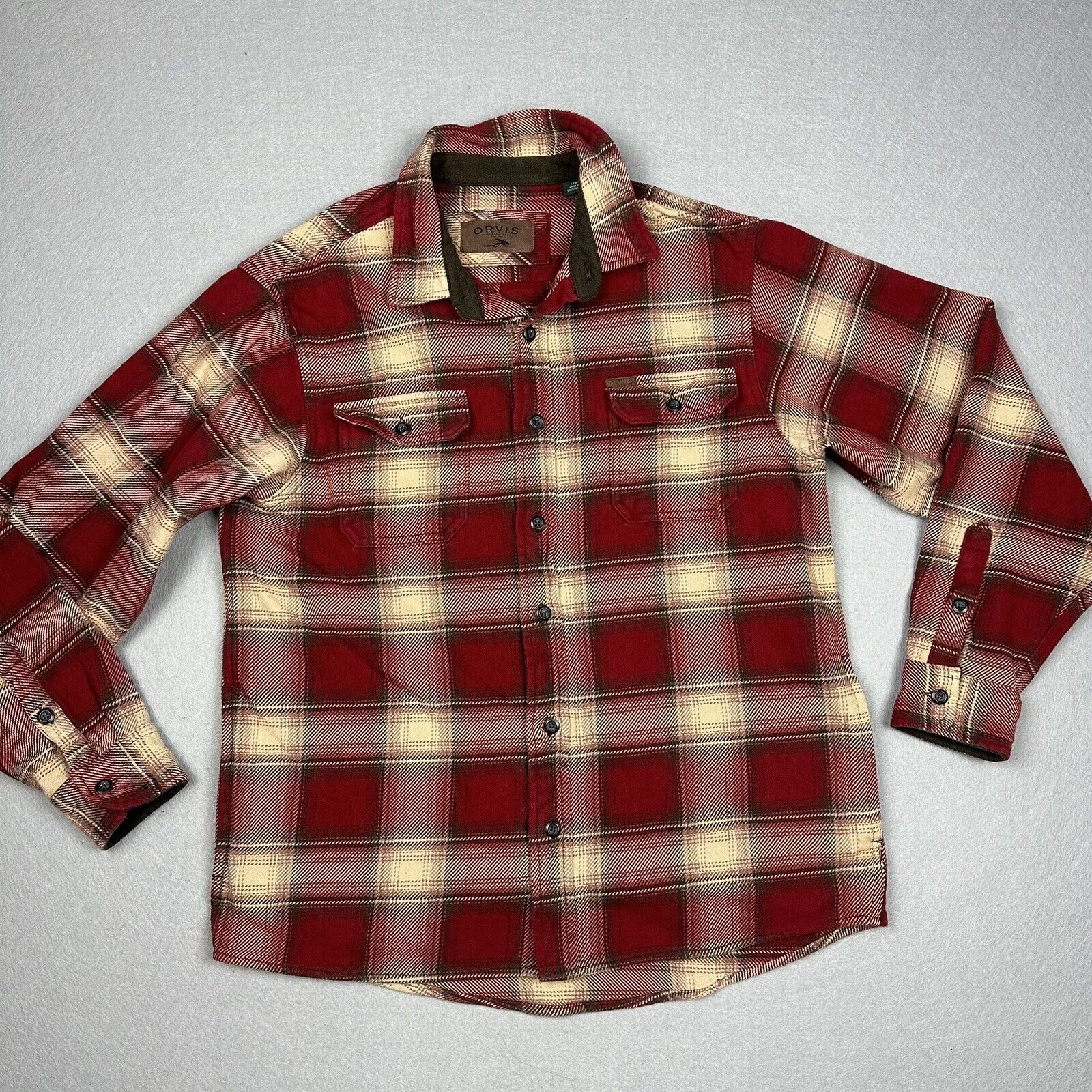 Orvis Shirt Mens Large Red Plaid Flannel Heavy We… - image 1