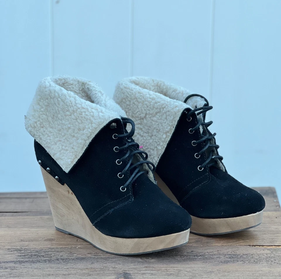 Naughty Monkey Cuero Gamuza Negro Madera Cuña Con Cordones Foto 3 de 4