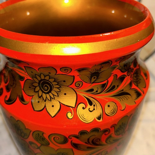 USSR Hand Painted Wood Large Vase - Red, Gold, Black Floral - Signed 14” Tall - Picture 18 of 24