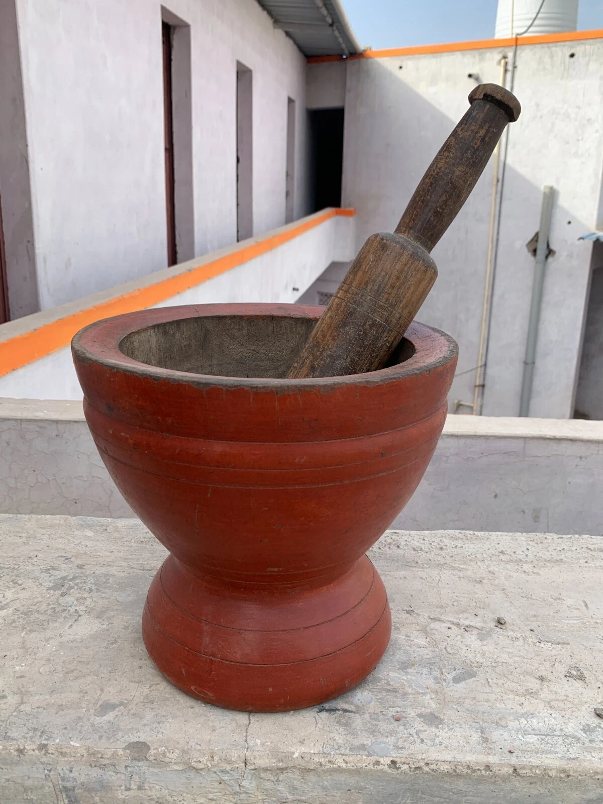 Antique Indian Handcrafted Wooden Lacquer Painted Spice Grinding Mortar Pestle