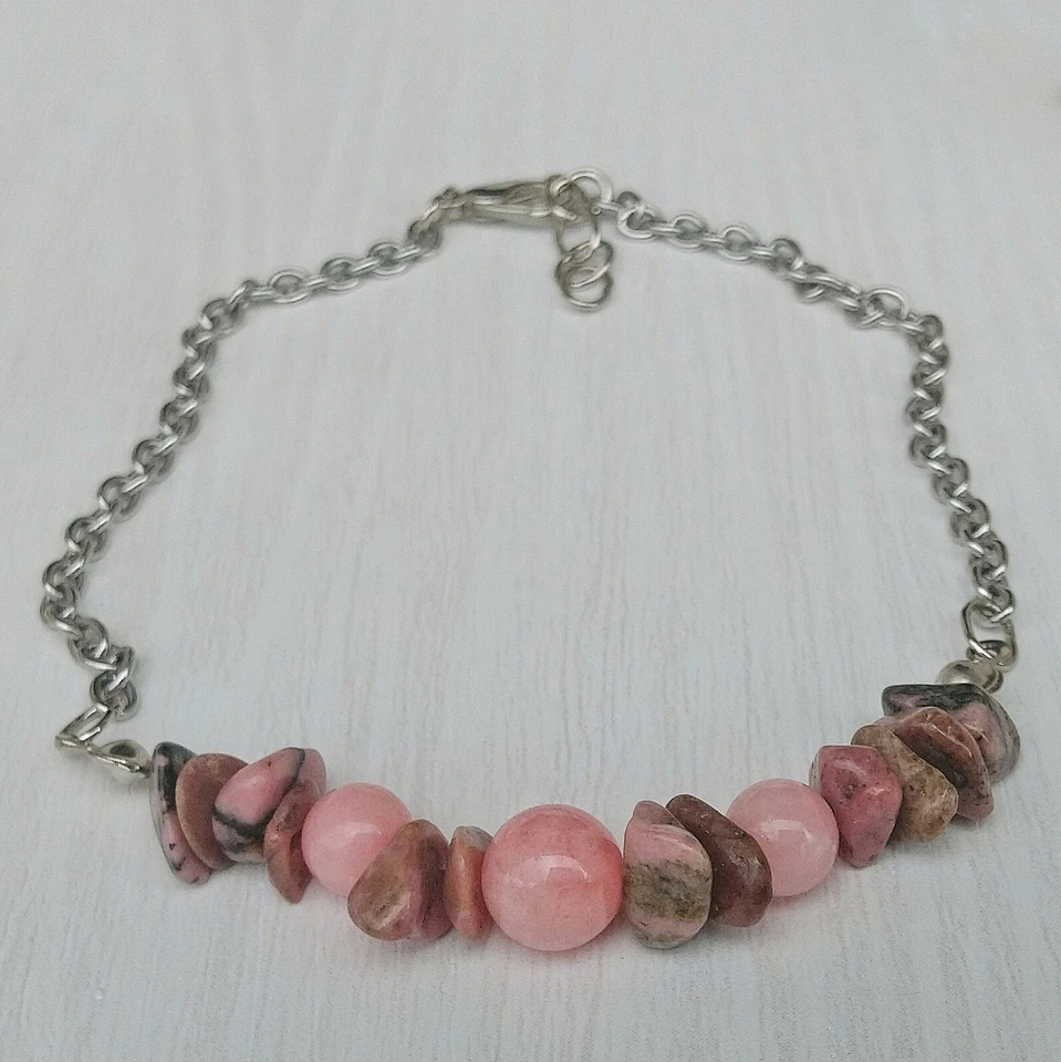 Tobillera de piedra de rodonita para mujer, pulsera de tobillo de cadena de acero inoxidable de 9,5"" Foto 2 de 4