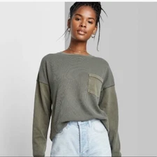 Women's Long Leeve Round Neck Boxy Tunic T-shirt - Wild Fable,LARGE Olive Green