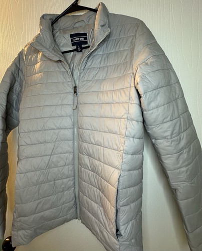 Lands End Light Gray Full Zip Lined Winter Puffer Coat Girls Large 14-16 Pockets - Picture 2 of 8