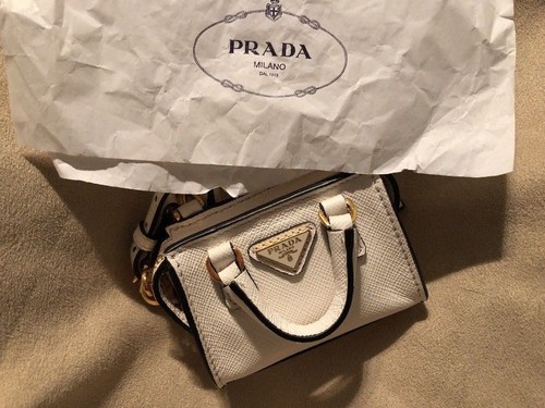 prada milano mini bag white leather gold logo black inside purse