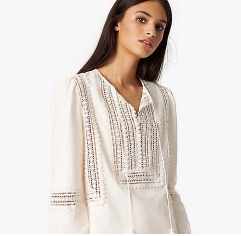 Camicetta Marissa Tory Burch in cotone avorio con nappe e ricami tg. 6 $225