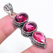 Pink Rubellite Gemstone Handmade 925 Sterling Silver Jewelry Pendant Size 2"