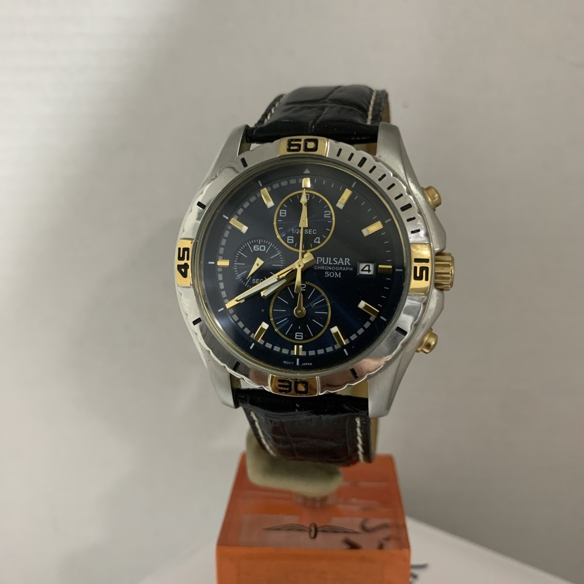 Seiko Pulsar Men's Chronograph Dark Blue Dial Date Leather Strap Watch PF8384