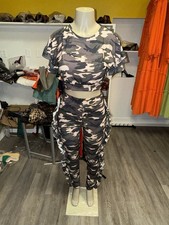 Women  s Camo TwoPiece Ruffle Trim Set Crop Top  High Waist Pants