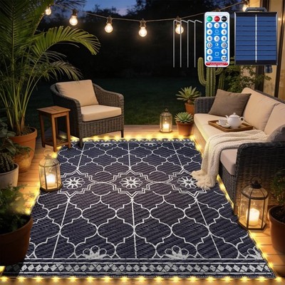 6x9Ft Outdoor Rug, Solar Powered Outdoor Rug with 94LEDs Strip Lights for Hou...