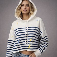 Polo Ralph Lauren Paint Splatter Cropped Hoodie Sz XS Striped Fleece Sweatshirt