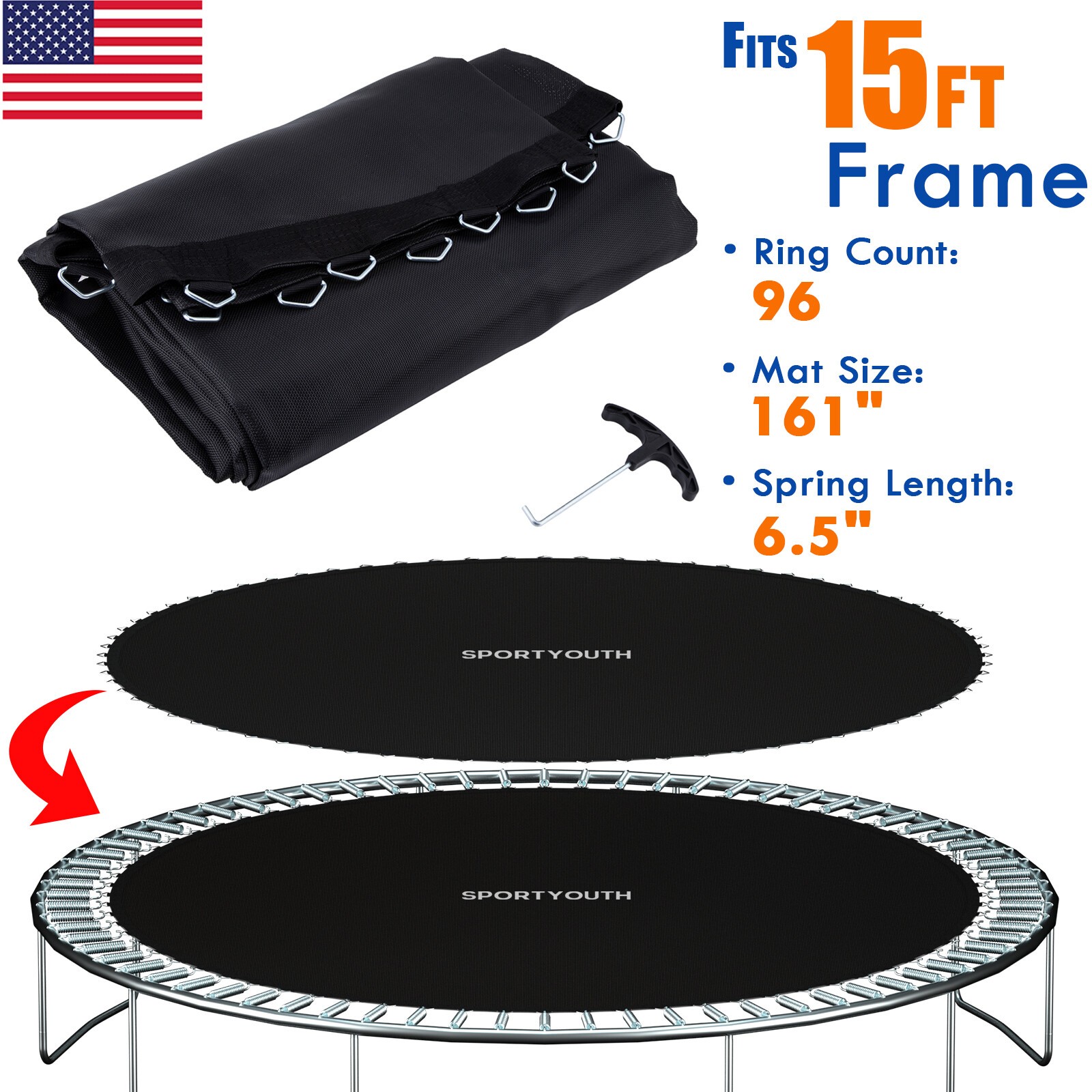 Round Replacement Trampoline Mat Fit 15t Frame 96 Rings with 6.5-7" Spring Tools