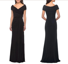 NWT $389 La Femme 8 V Neck Ruched Jersey Column Formal Gown Black 26519 NWT