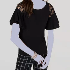 I.n.c. Women's Black Lace Ruffled Crew-Neck Short-Sleeve Causal Blouse Size L