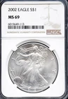 2002 $1 Silver American Eagle MS 69 NGC # 6015649-113 + Bonus