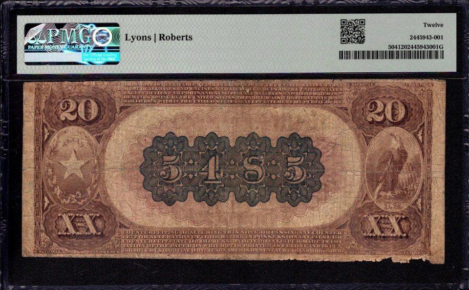 1882 BB $20 FIRST NATIONAL BANK NOTE CURRENCY PORT ARTHUR TEXAS PMG FINE 12 - Image 2 of 4