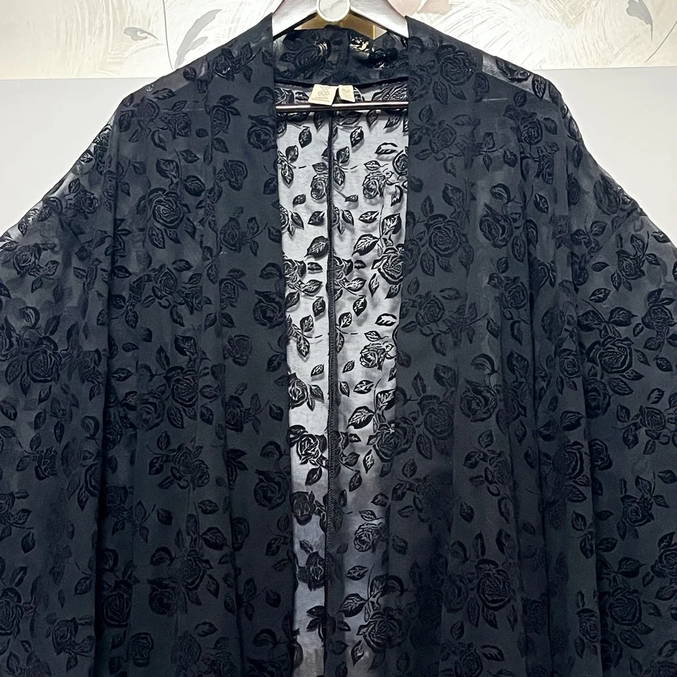 Black Kimono Velvet Burnout Roses Duster Dark Romantic Open Whimsigoth One Size - Image 3 of 4