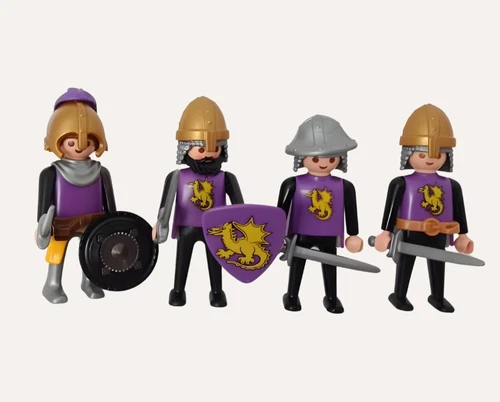 Playmobil Medieval Knights Lot 4 Figures Purple Lion Shields Swords Vintage