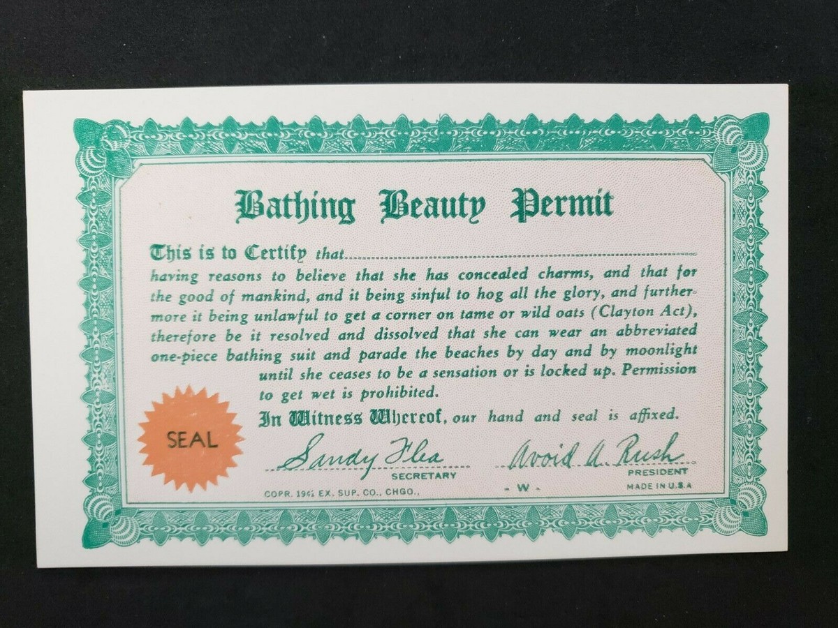 Vintage 1941 Gag Gift Card Bathing Beauty Permit Exhibit Supply Co Chicago  NOS