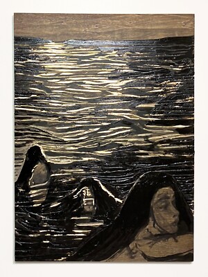 Swimmers - Painted on Carved Wood Panel