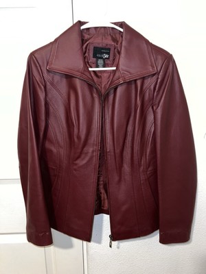 East5th Women's Maroon/Burgundy Geniune Leather Button-Up Collared Jacket Medium