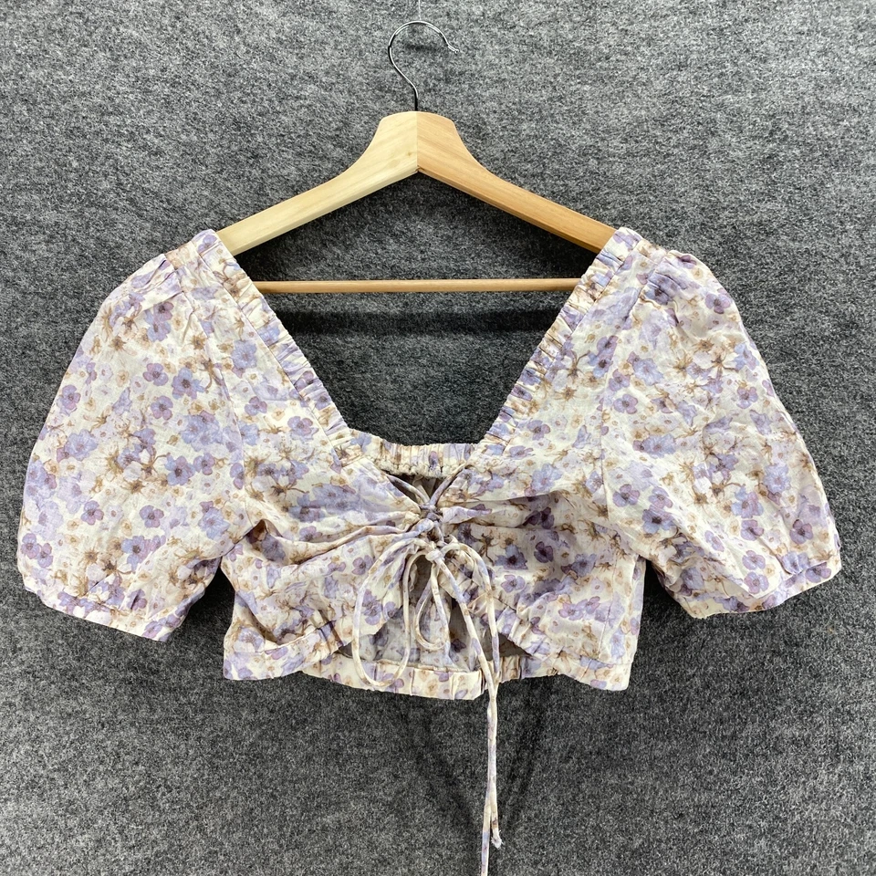 H&M Cropped Top Women S Small Beige Floral Square Neck Short Sleeve Linen Casual - Image 2 of 4