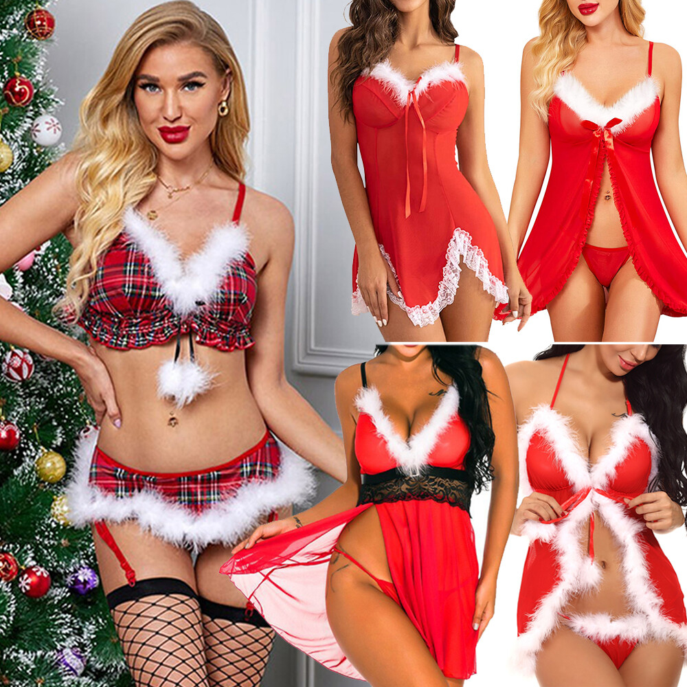 Women-Valentine-Lingerie-Red-Santa-Babydoll-Chemises-Set-Sexy-Santa-Sleepwear-US  | eBay