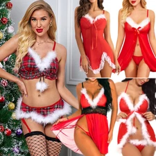 Women-Christmas-Lingerie-Red-Santa-Babydoll-Chemises-Set-Sexy-Santa-Sleepwear-US