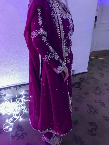 Purple Asian Heavy Jewelled Diamante long Salwar Kameez pajama suit sz 36 10 - Picture 8 of 9