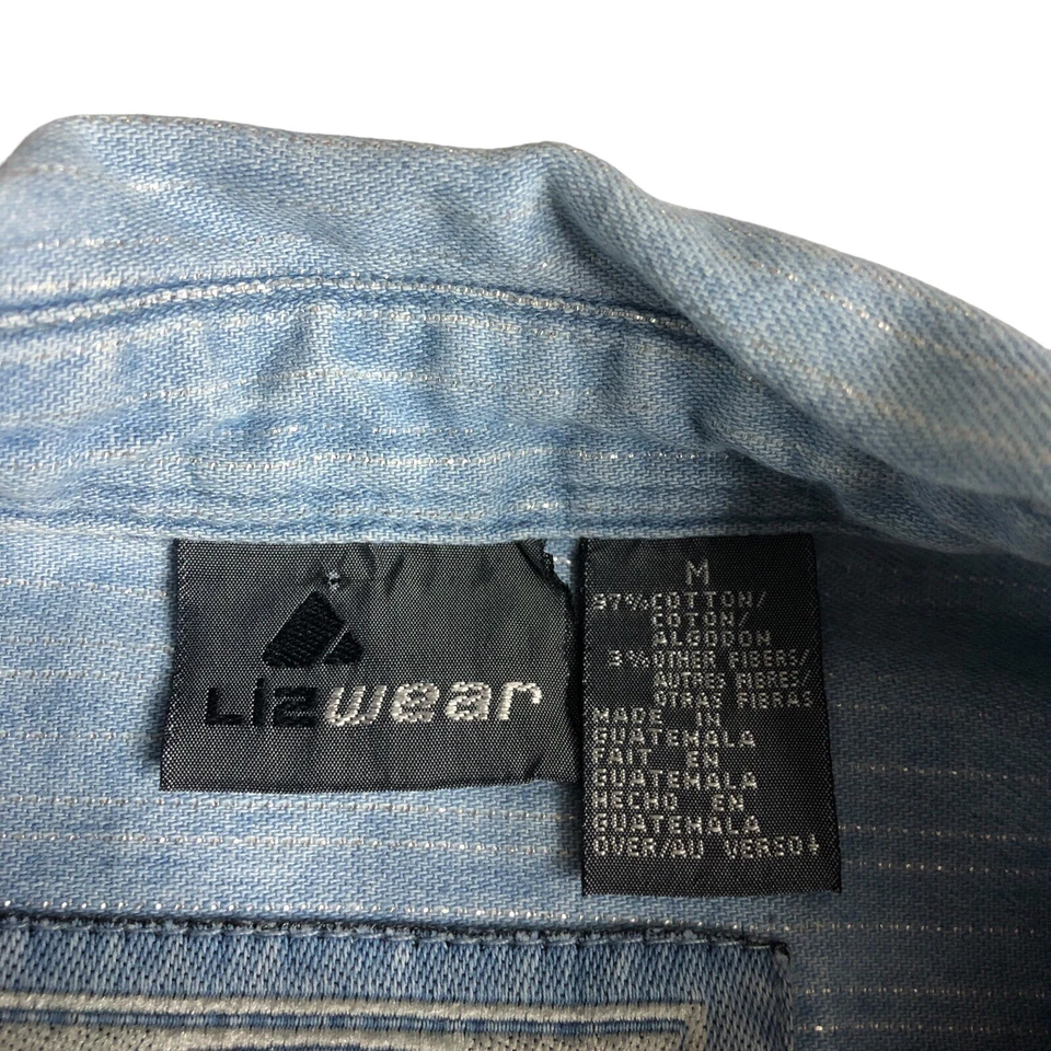 Camisa vintage Liz Wear para mujer M azul denim cambray perla manga larga a presión años 90 Foto 3 de 4