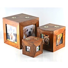 Pet Memorial Wooden Urn with 4 Photo Slots  Paw Brass Inlay Large Keepsake Urn