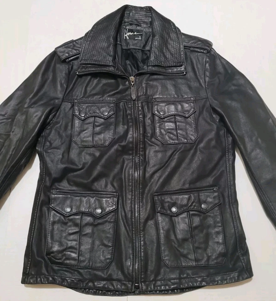 Chaqueta pesada de cuero genuino Howe para hombre negra talla grande varios bolsillos Foto 2 de 4