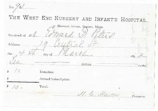 1892 Donation Receipt, The West End Nursery And Infants Hospital, Boston, MA