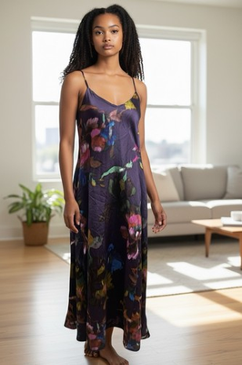 #ad #ad NICOLE MILLER NEW YORK SOFT Satin Floral Palma Purple Print Maxi Dress Size M $54.95