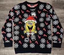 Nickelodeon SpongeBob Christmas Sweater Black Snowflakes & Candy Canes XL