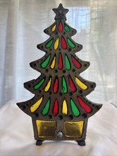 Vintage Metal Christmas Tree Tealight Candle Holder Stained Glass Look