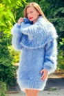 Blue cowl neck fuzzy mohair sweater thick dress handmade fluffy tunic L-XL
